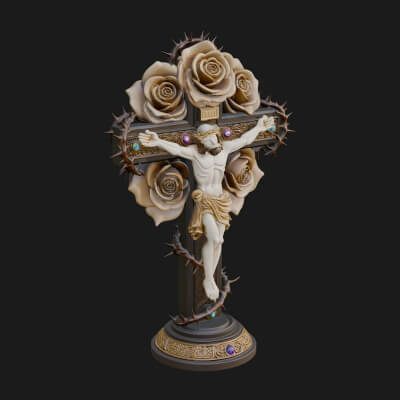 Rose Flower Crucifix Statue Design 1 3D Print Model