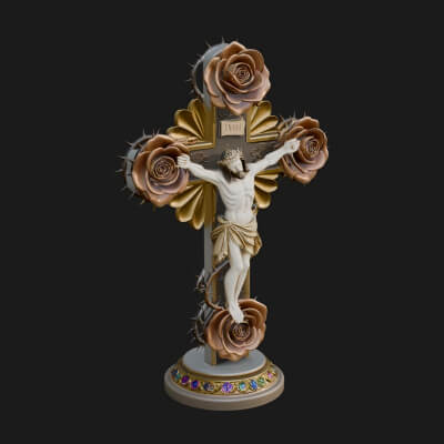 Rose Flower Crucifix Statue Design 3 3D Print Model