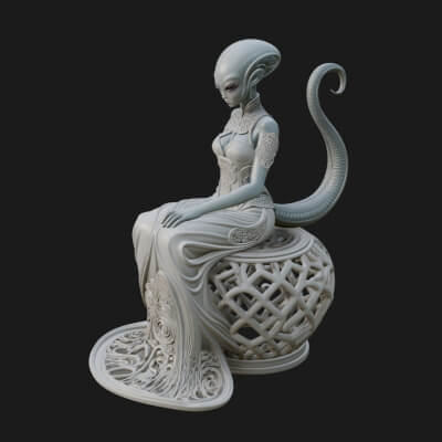 Seated Alien Woman Statue Design 1 3D Print Model
