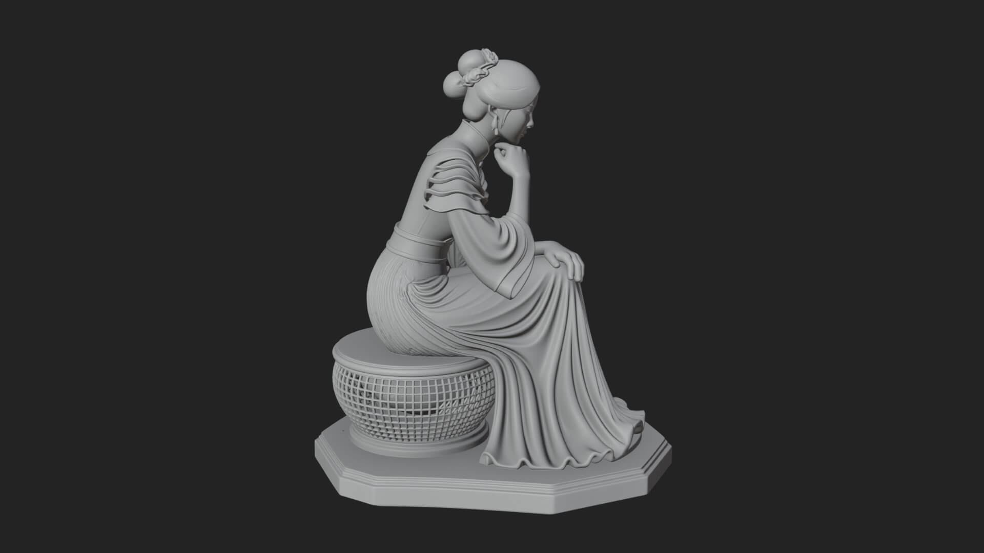 Seated Hanfu Lady Statue Design 1 3D Print Model 3D Model