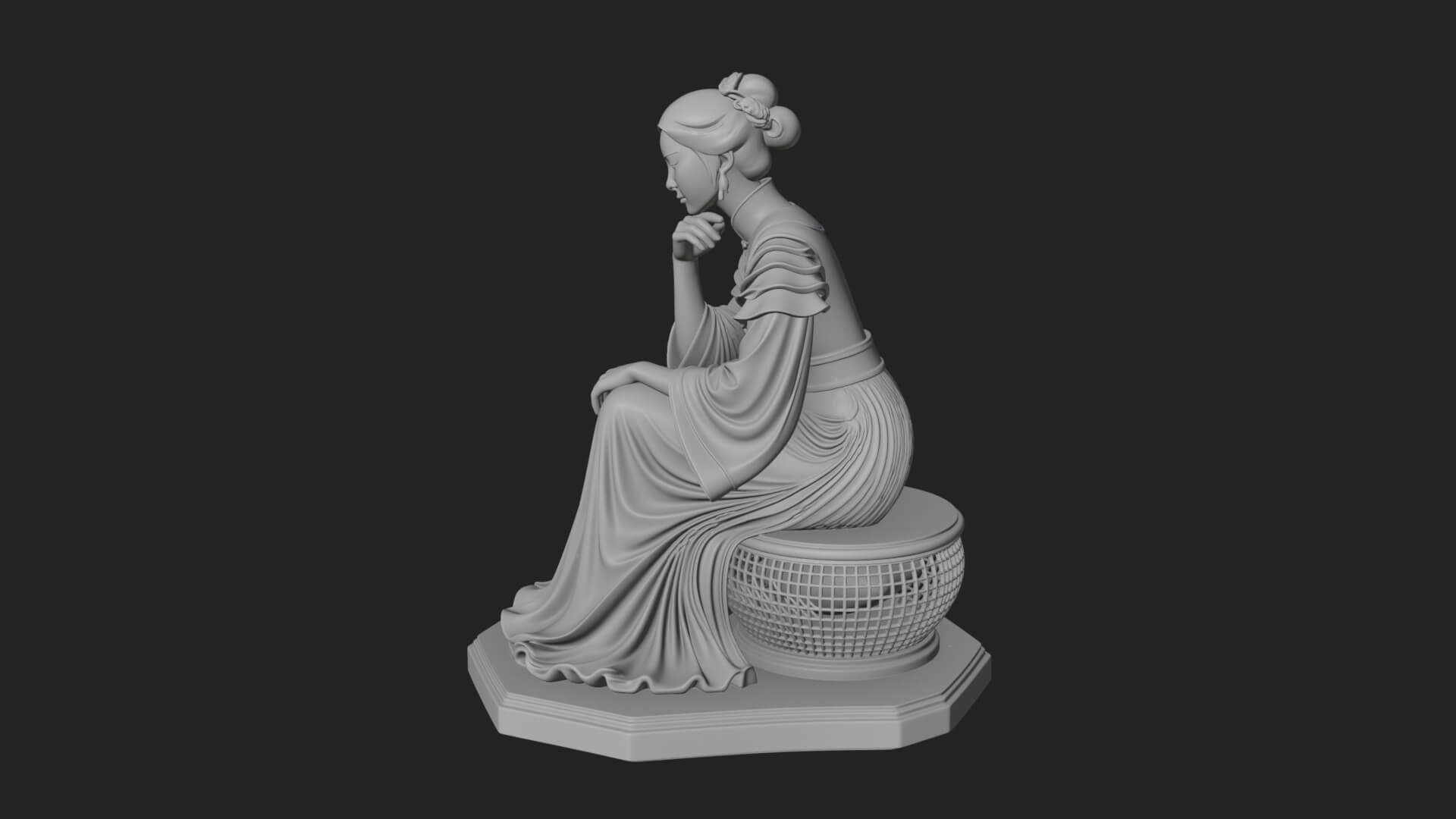 Seated Hanfu Lady Statue Design 1 3D Print Model 3D Model