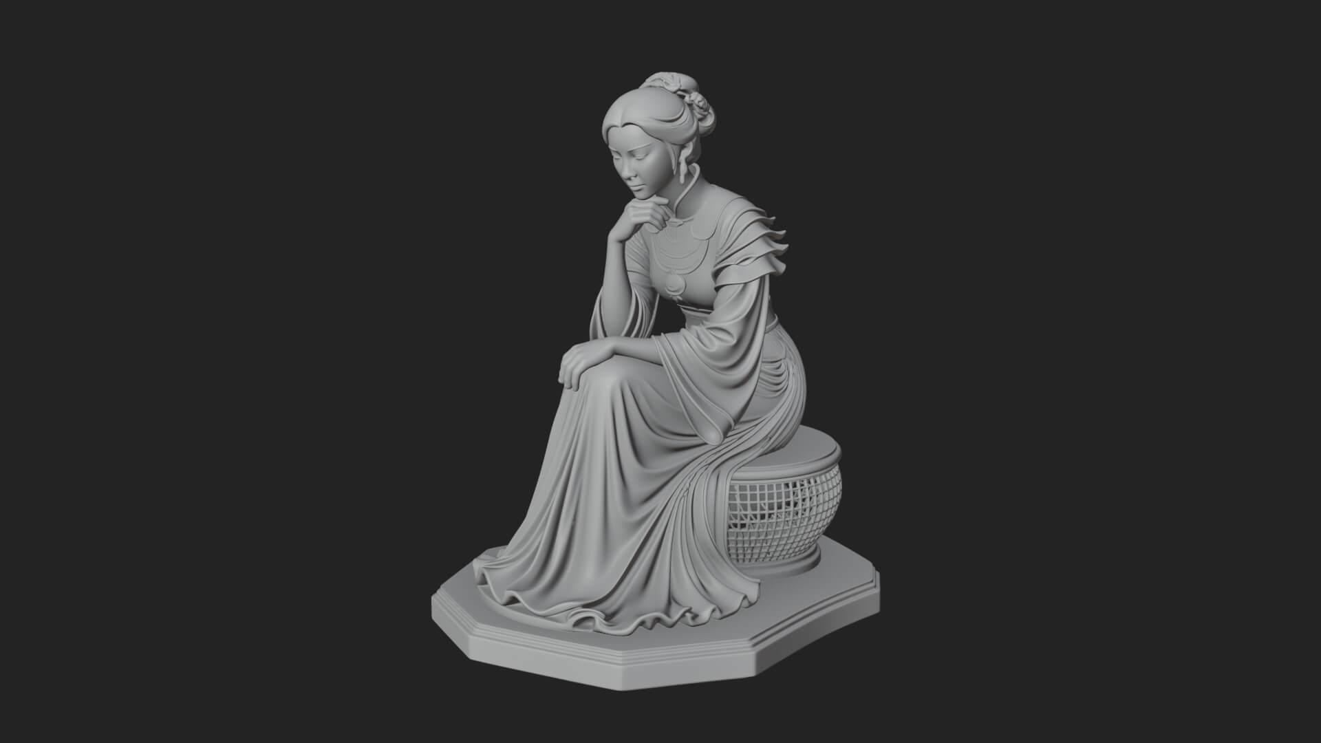 Seated Hanfu Lady Statue Design 1 3D Print Model 3D Model