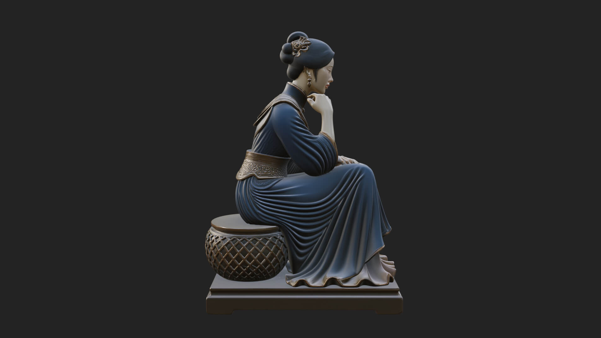 Seated Hanfu Lady Statue Design 2 3D Print Model 3D Model