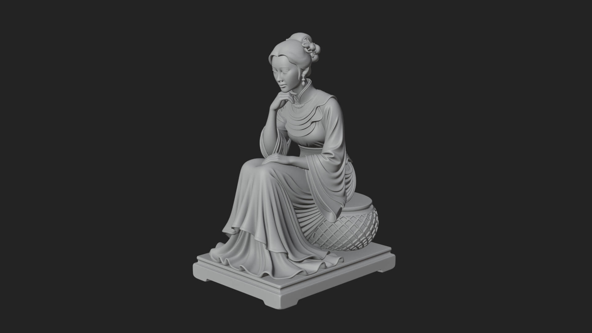 Seated Hanfu Lady Statue Design 2 3D Print Model 3D Model
