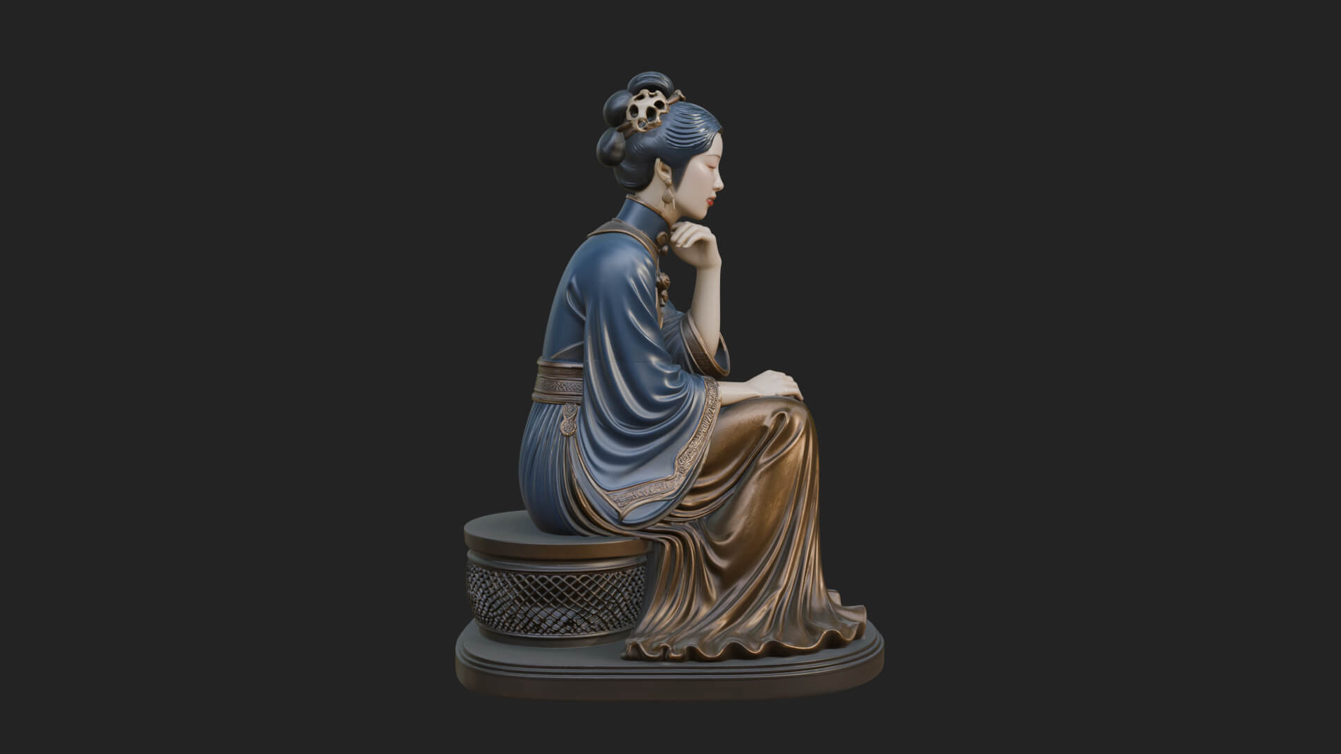 Seated Hanfu Lady Statue Design 3 3D Print Model 3D Model