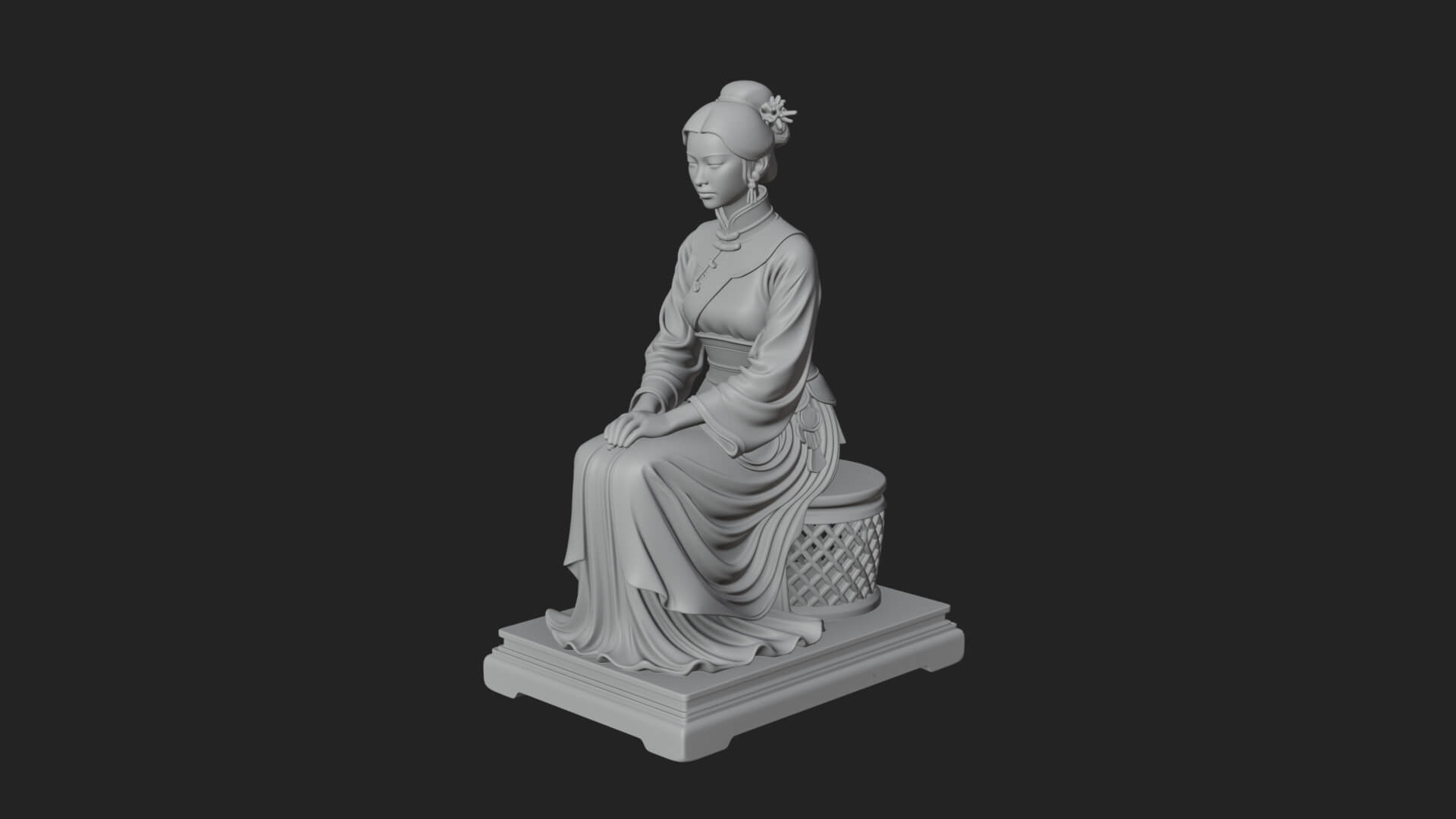 Seated Hanfu Lady Statue Design 4 3D Print Model 3D Model