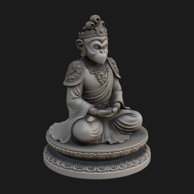 Seated Monkey King Statue Design 3 3D Print Model