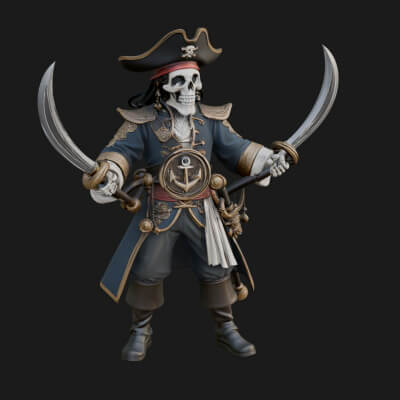 Skeleton Pirate Captain Statue Design 3 3D Print Model