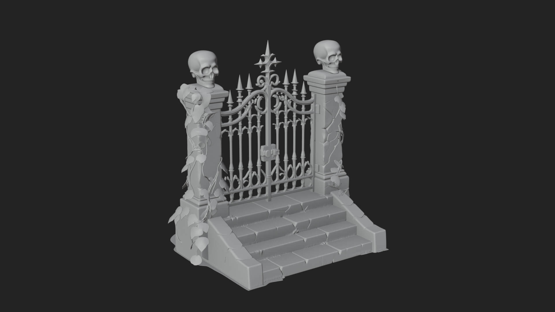 Skull-Topped Graveyard Gate Design 2 3D Print Model 3D Model