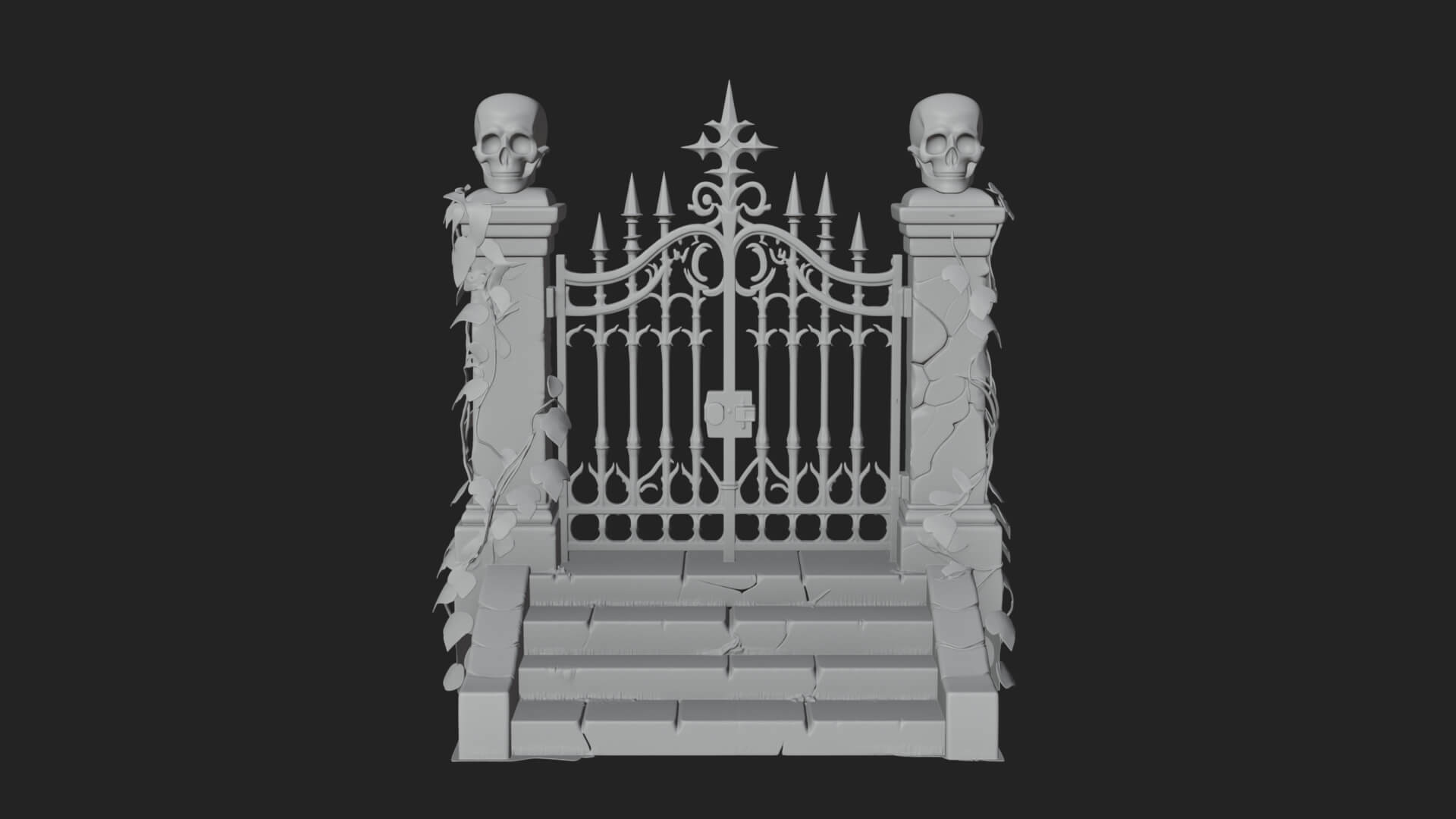 Skull-Topped Graveyard Gate Design 2 3D Print Model 3D Model