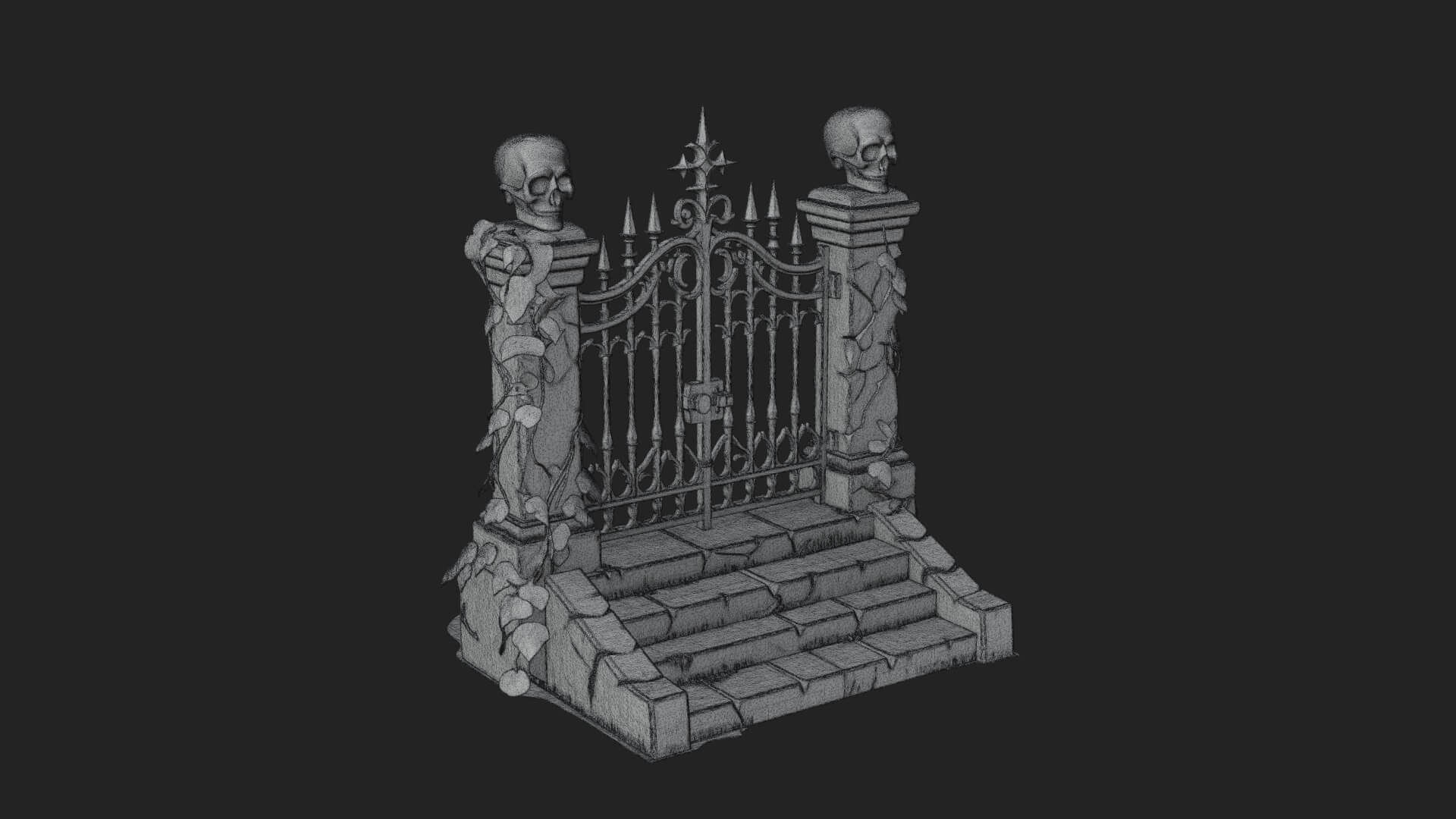 Skull-Topped Graveyard Gate Design 2 3D Print Model 3D Model