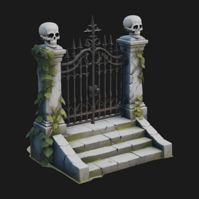 Skull-Topped Graveyard Gate Design 2 3D Print Model