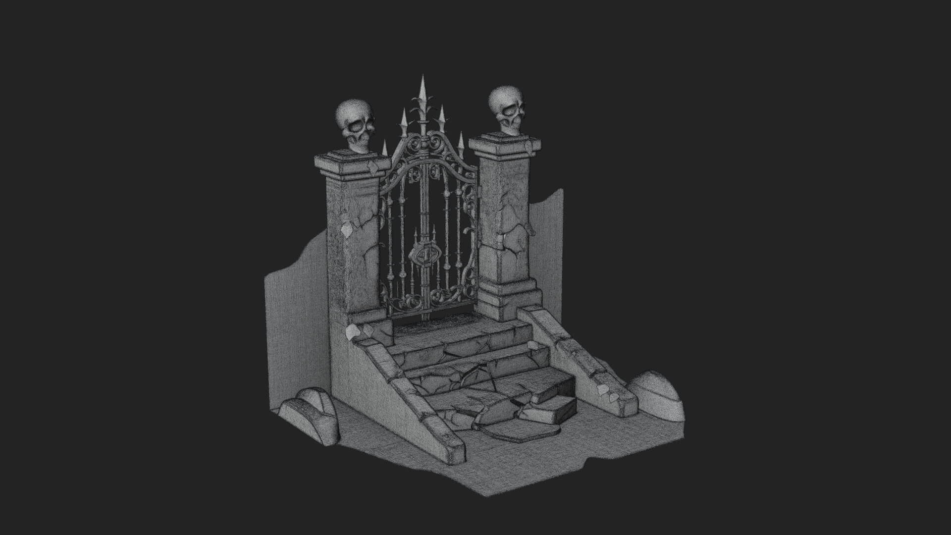 Skull-Topped Graveyard Gate Design 3 3D Print Model 3D Model