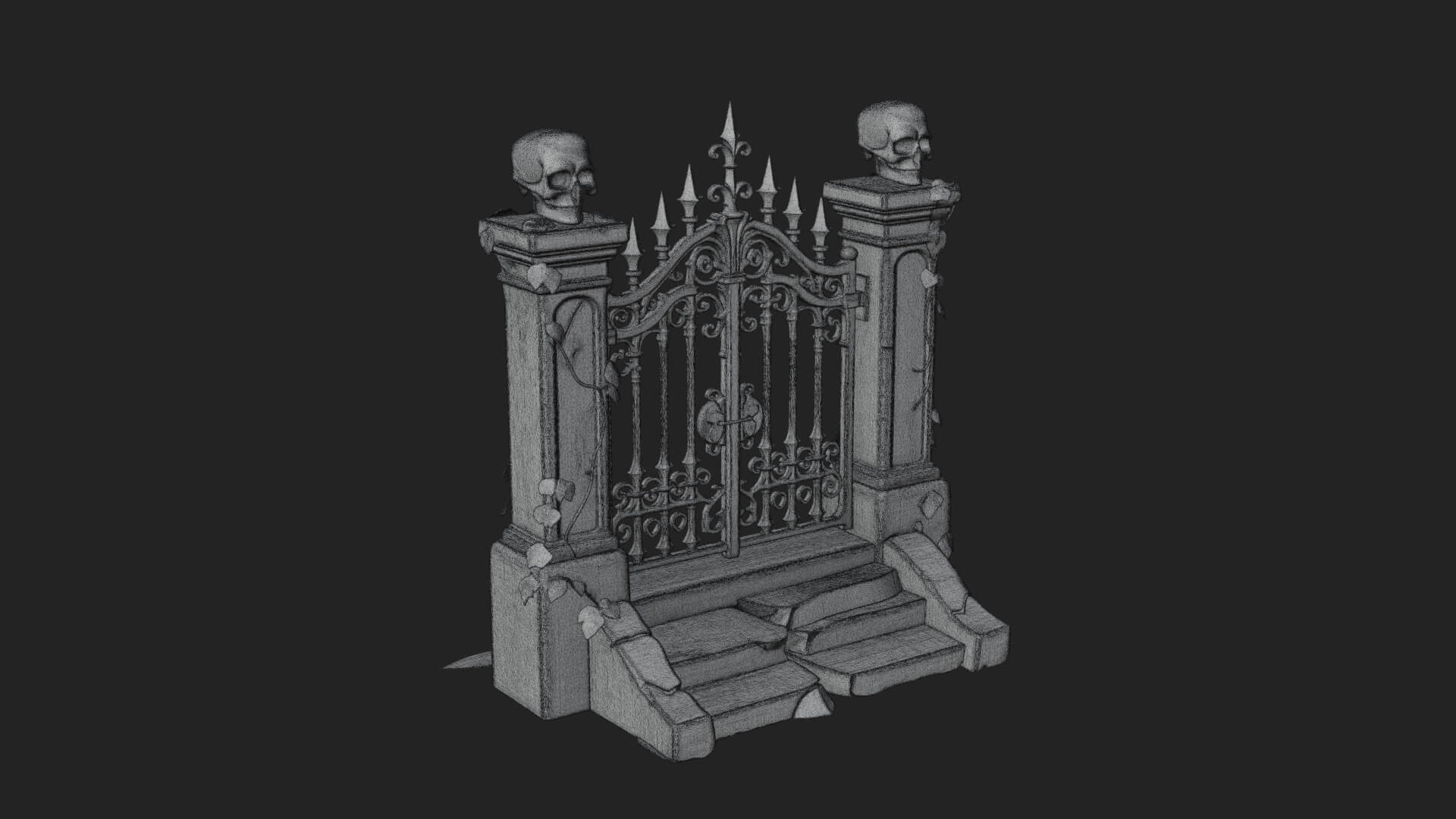 Skull-Topped Graveyard Gate Design 4 3D Print Model 3D Model