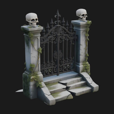 Skull-Topped Graveyard Gate Design 4 3D Print Model