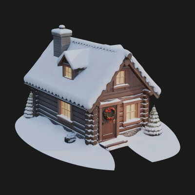 Snow Covered Log Cabin House Design 2 3D Print Model
