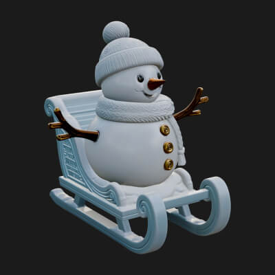 Snowman in Sleigh Statue Design 2 3D Print Model