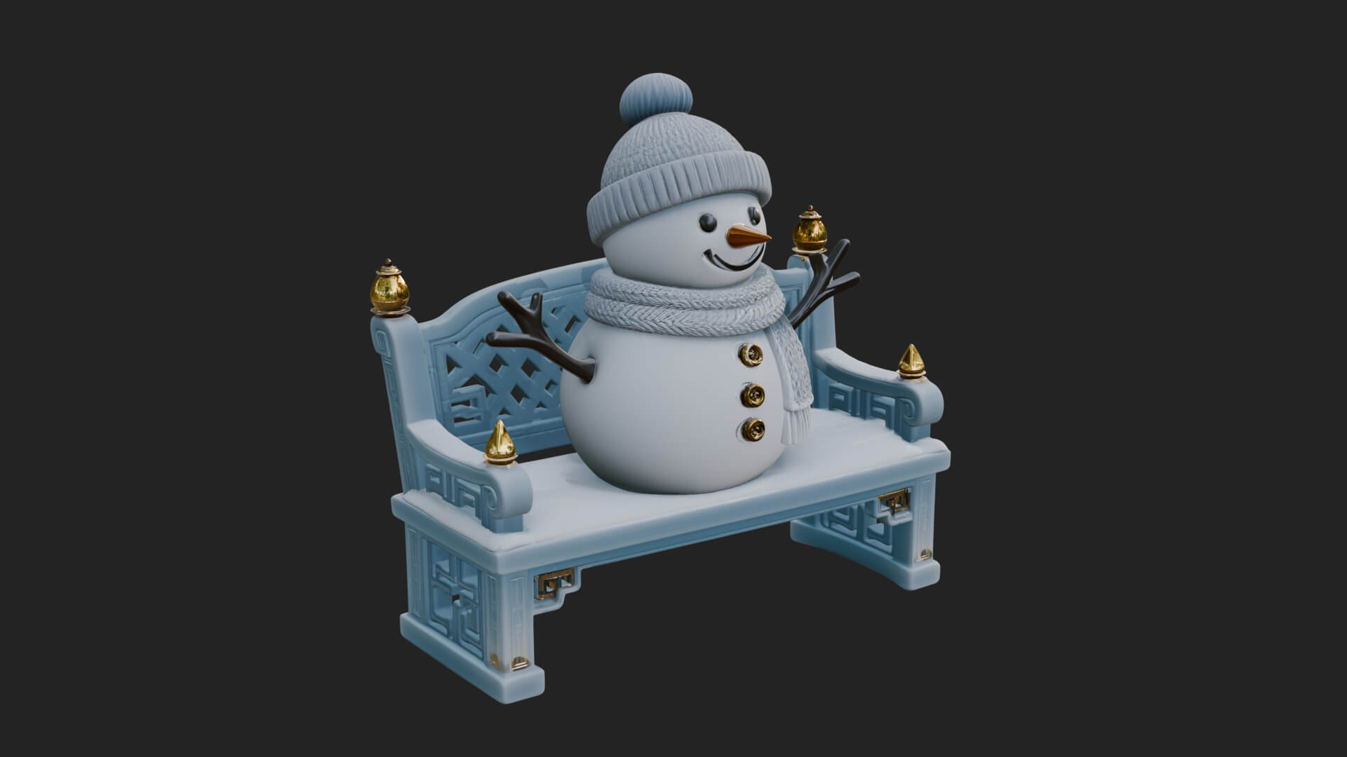 Snowman on Bench Statue Design 1 3D Print Model 3D Model