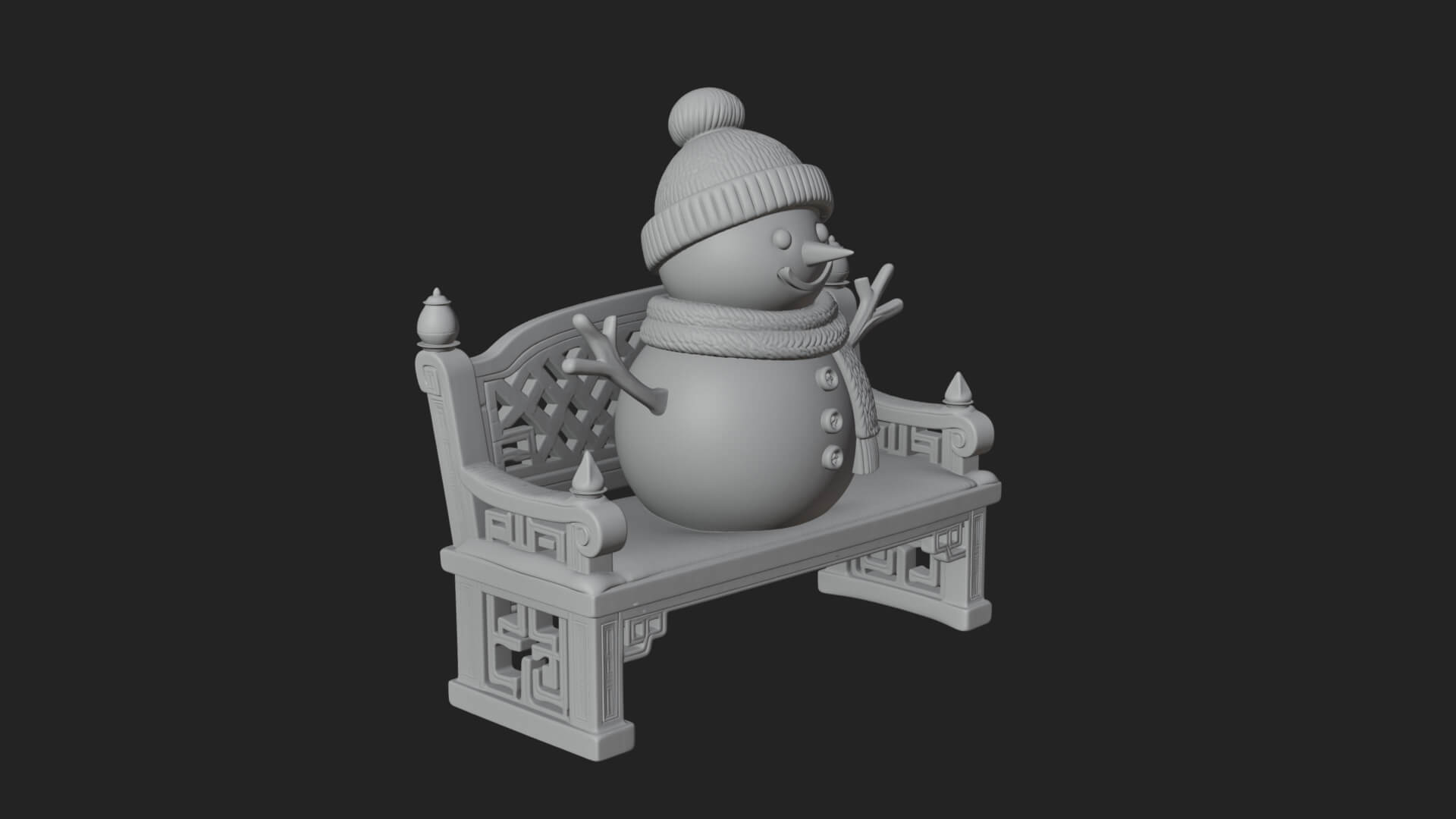 Snowman on Bench Statue Design 1 3D Print Model 3D Model