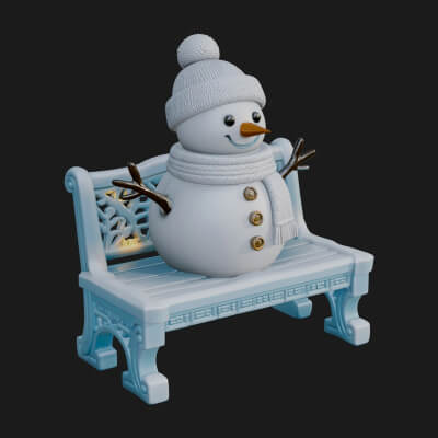 Snowman on Bench Statue Design 4 3D Print Model