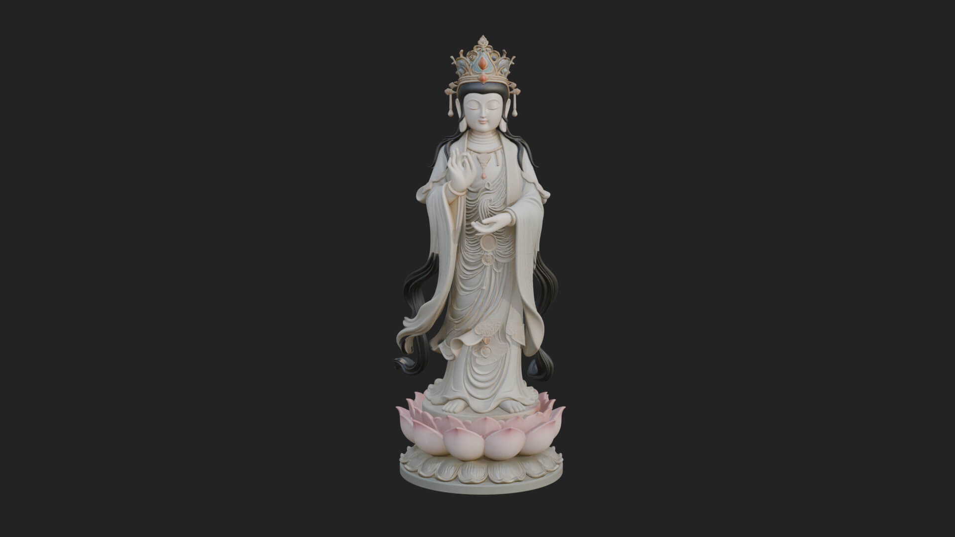 Standing Guanyin on Lotus Statue Design 5 3D Print Model 3D Model