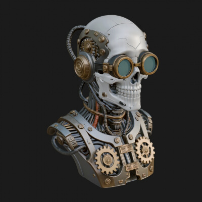 Steampunk Goggle Skull Bust Statue Design 1 3D Print