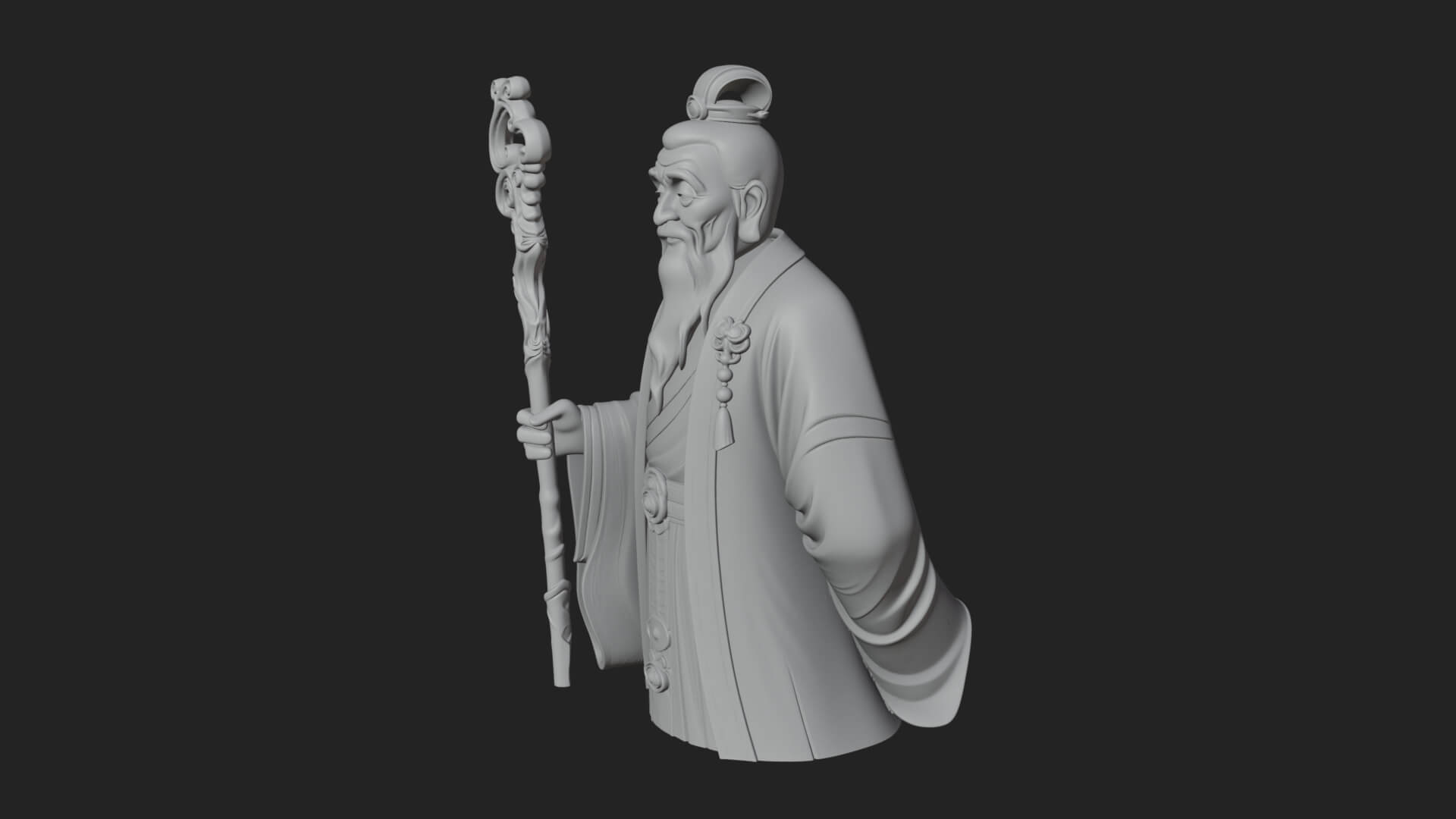 Taoist Elder with Staff Statue Design 1 3D Print Model 3D Model