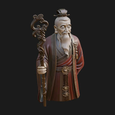Taoist Elder with Staff Statue Design 1 3D Print Model