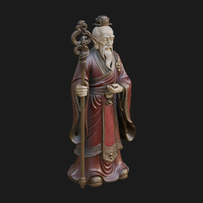 Taoist Elder with Staff Statue Design 2 3D Print Model