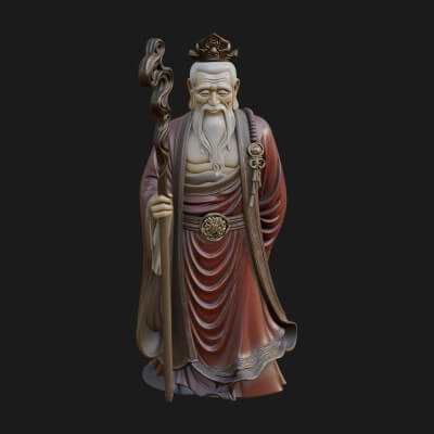 Taoist Elder with Staff Statue Design 4 3D Print Model