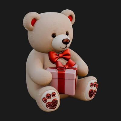 Teddy Bear with Gift Box Statue Design 1 3D Print Model