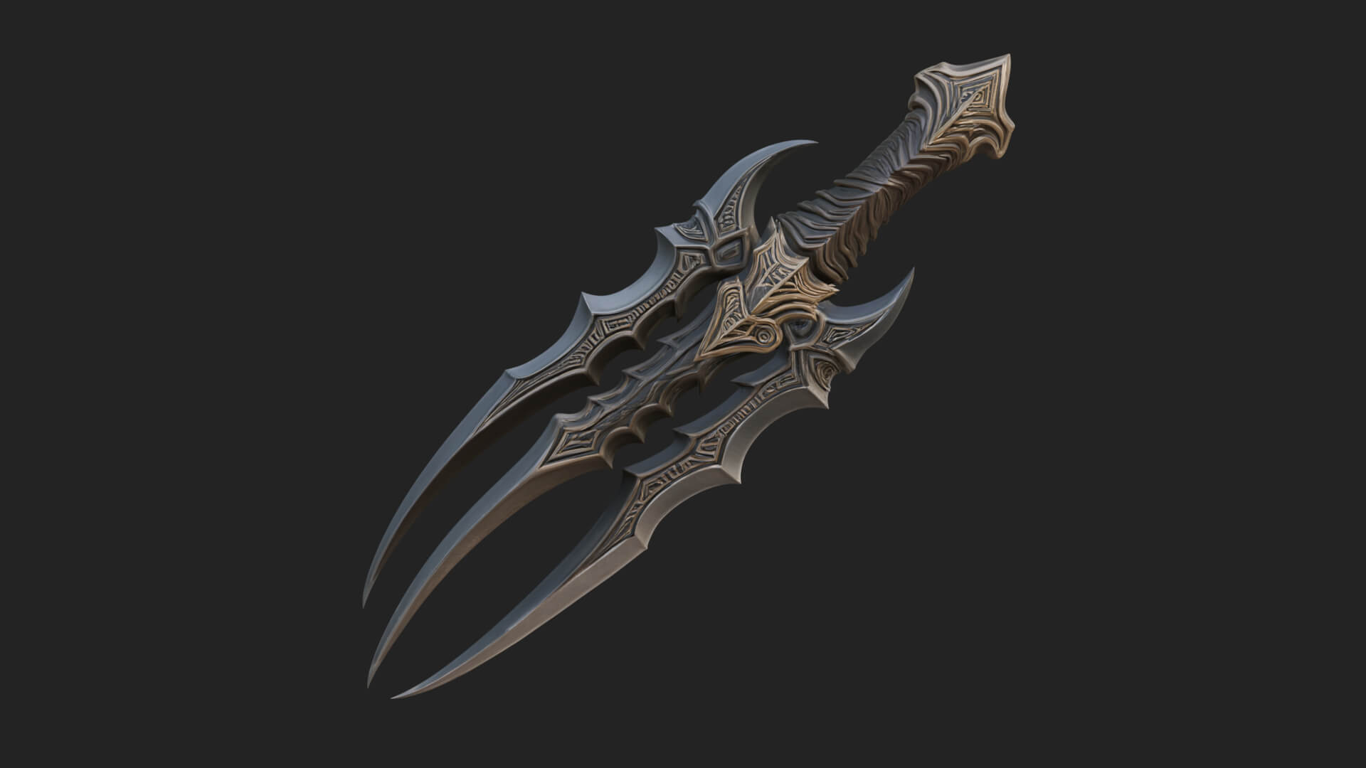 Triple Blade Fantasy Dagger Model Design 2 3D Print Model 3D Model