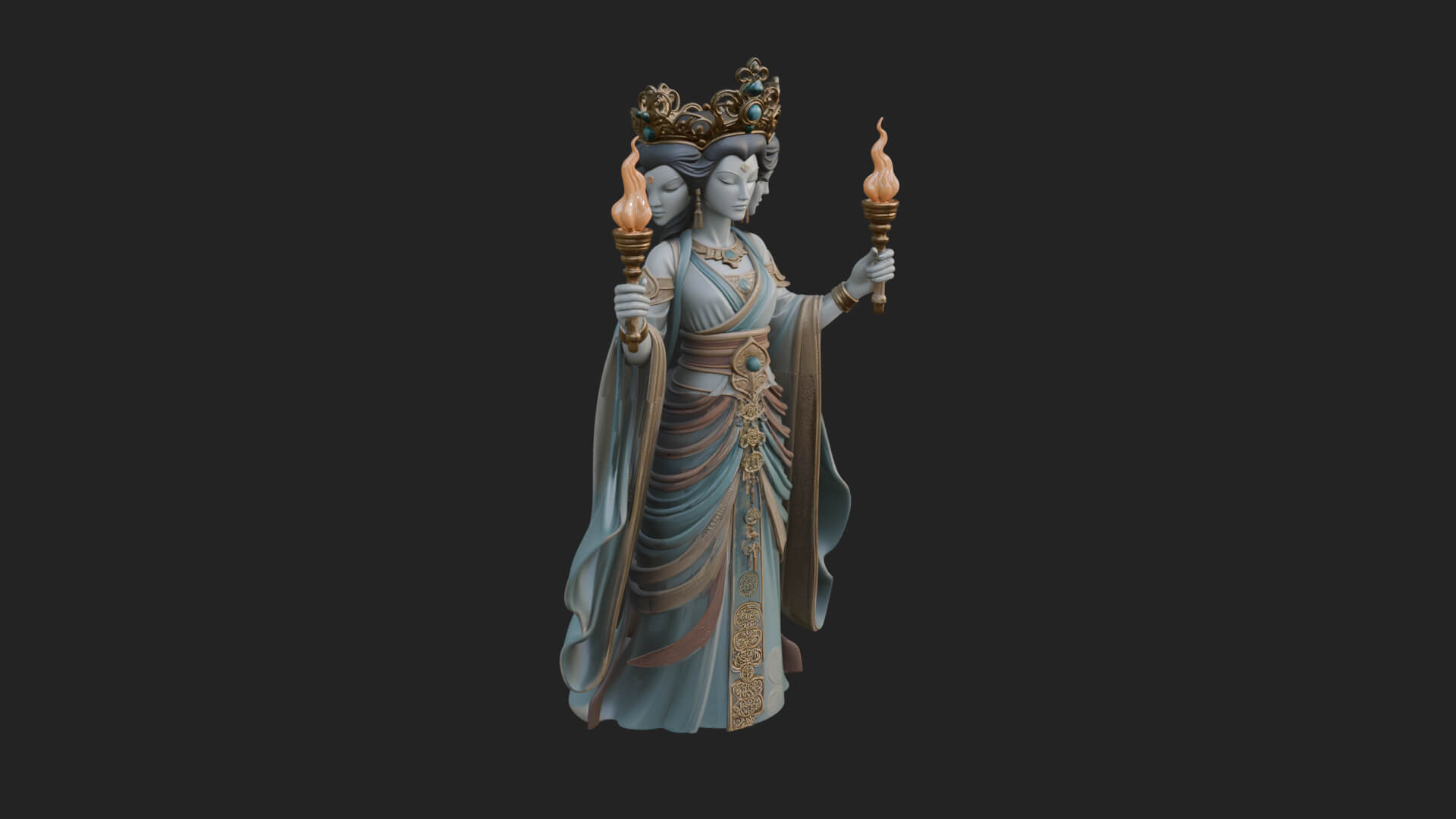 Triple Faced Torch Goddess Statue Design 1 3D Print Model 3D Model