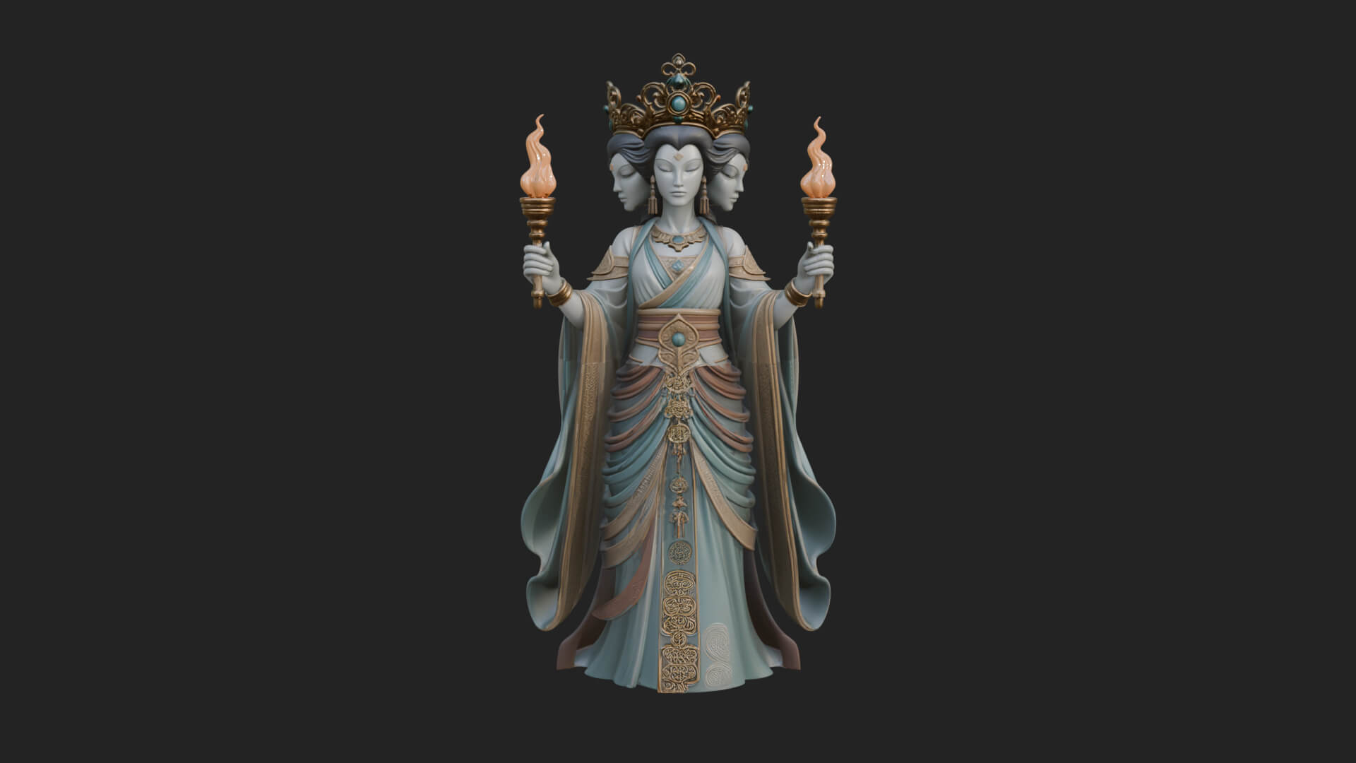 Triple Faced Torch Goddess Statue Design 1 3D Print Model 3D Model