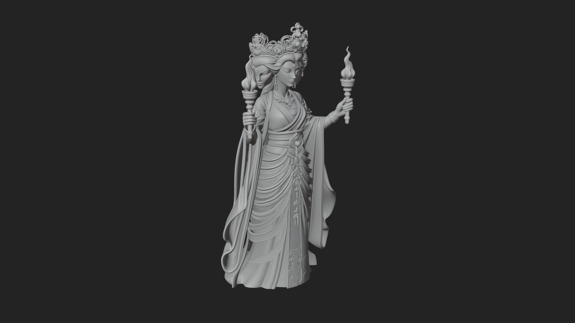 Triple Faced Torch Goddess Statue Design 1 3D Print Model 3D Model