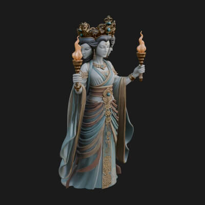 Triple Faced Torch Goddess Statue Design 1 3D Print Model