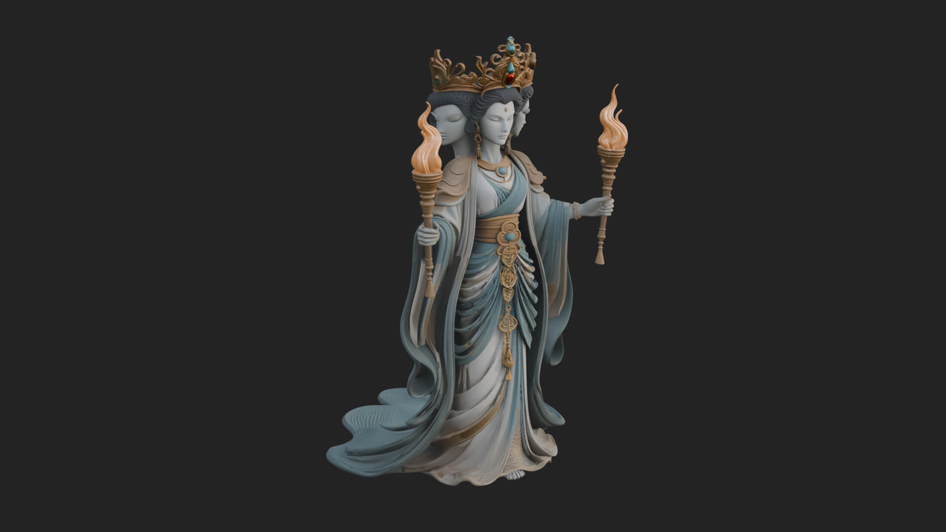 Triple-Faced Torch Goddess Statue Design 2 3D Print Model 3D Model