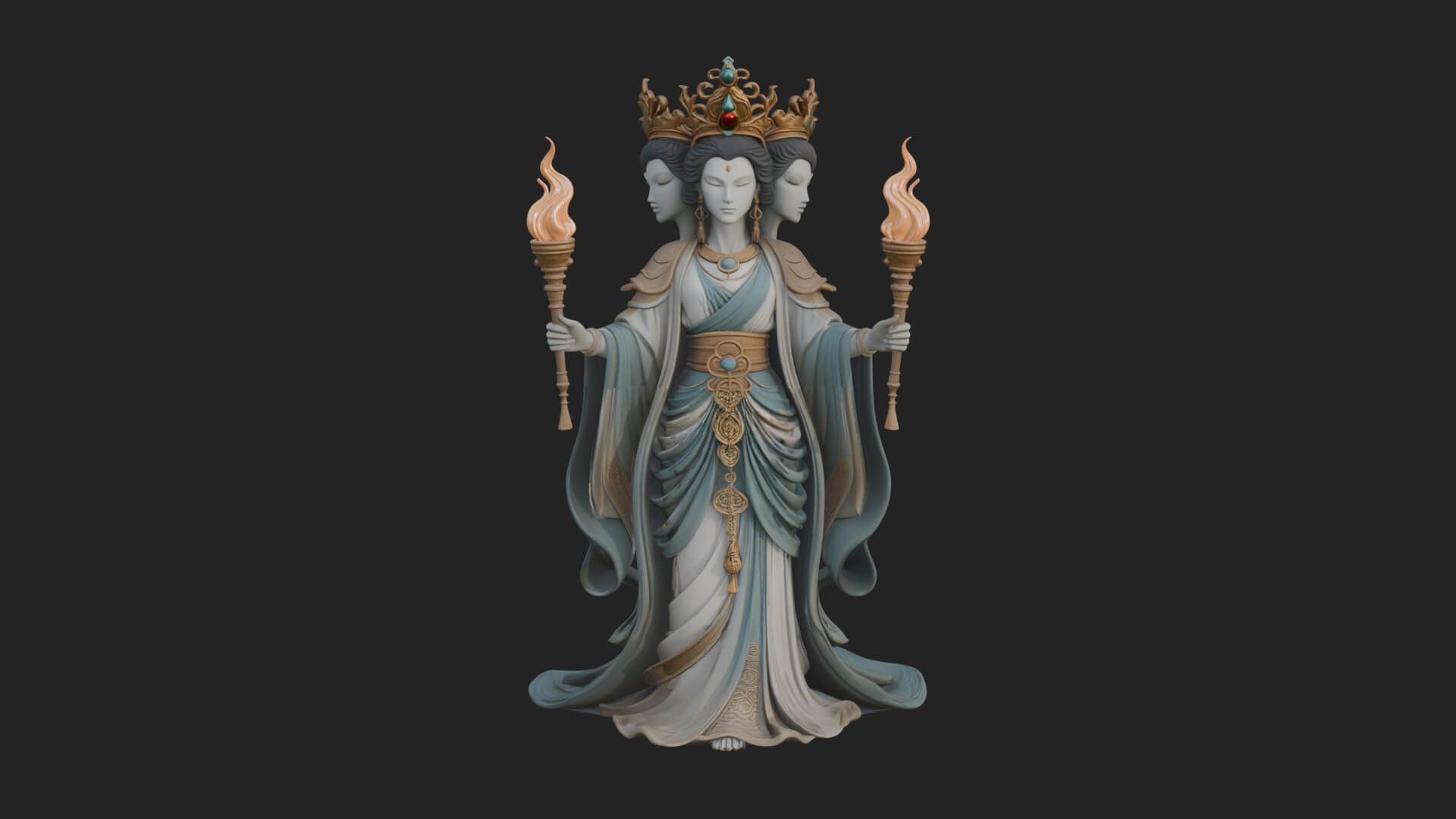 Triple-Faced Torch Goddess Statue Design 2 3D Print Model 3D Model