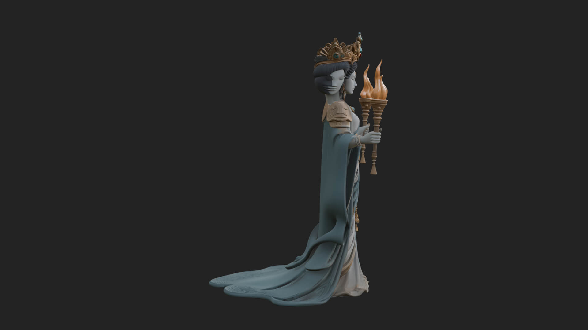 Triple-Faced Torch Goddess Statue Design 2 3D Print Model 3D Model