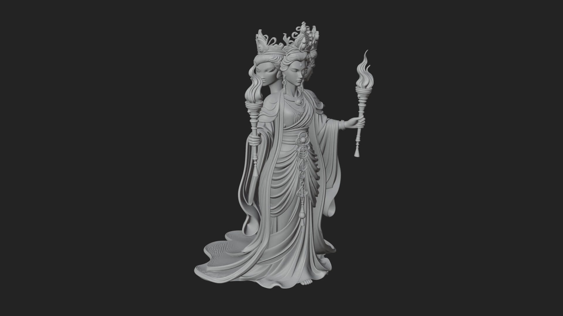 Triple-Faced Torch Goddess Statue Design 2 3D Print Model 3D Model