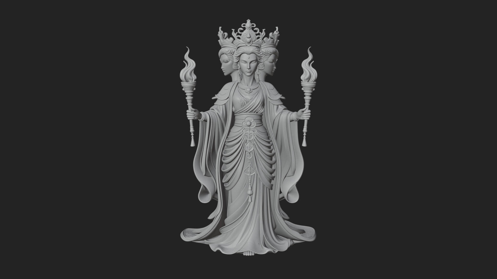 Triple-Faced Torch Goddess Statue Design 2 3D Print Model 3D Model