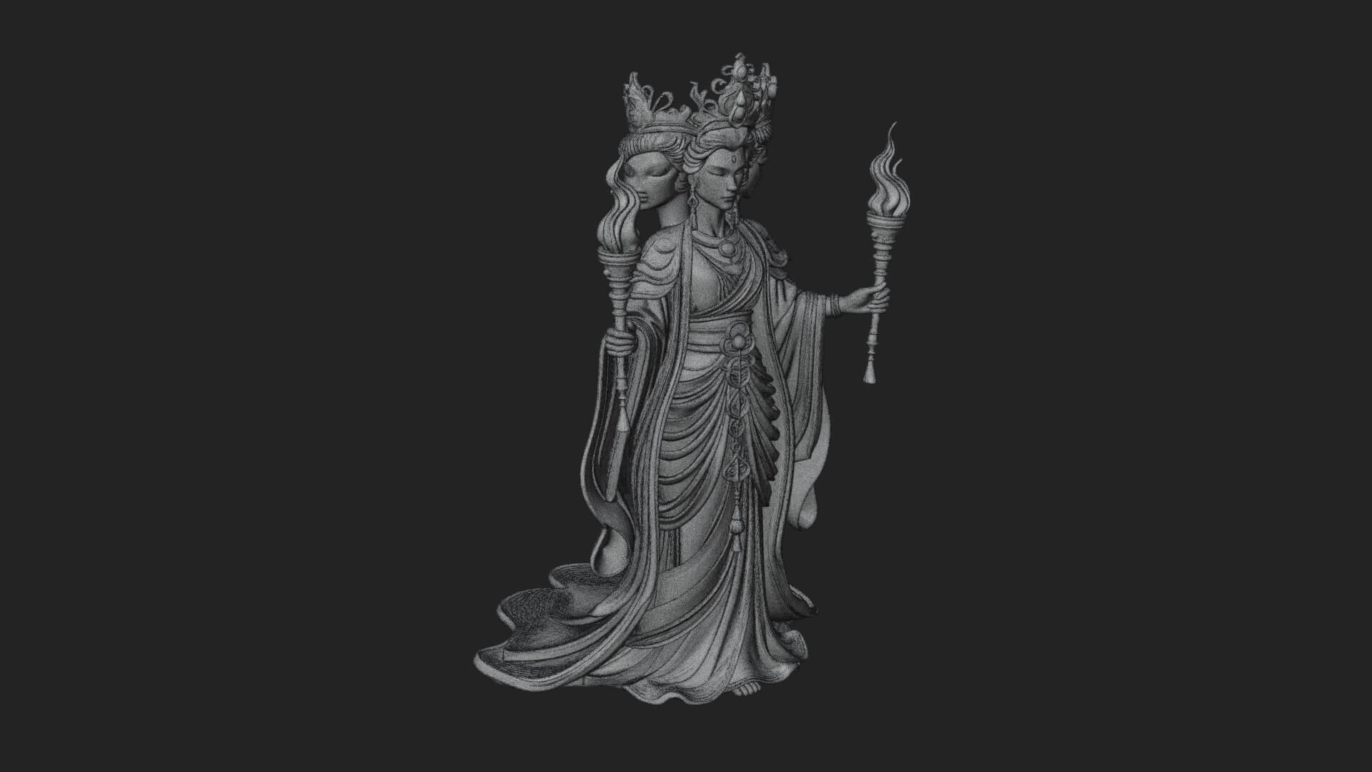 Triple-Faced Torch Goddess Statue Design 2 3D Print Model 3D Model