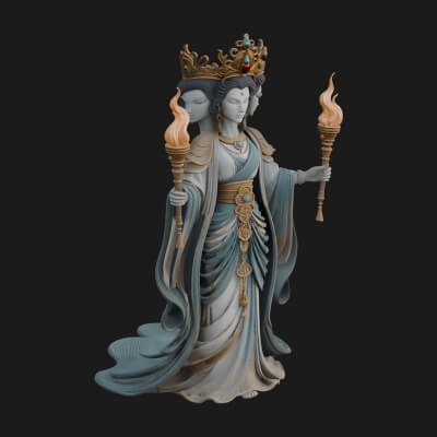 Triple-Faced Torch Goddess Statue Design 2 3D Print Model