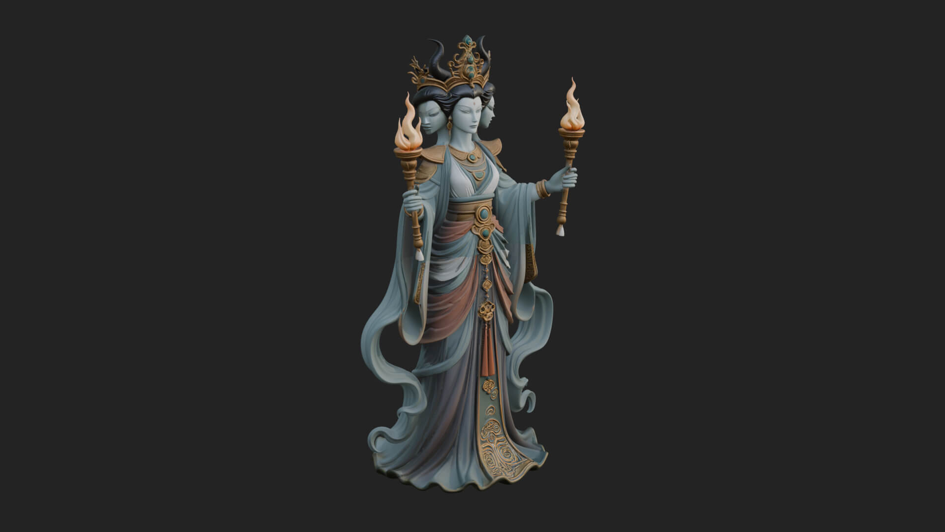 Triple Faced Torch Goddess Statue Design 3 3D Print Model 3D Model