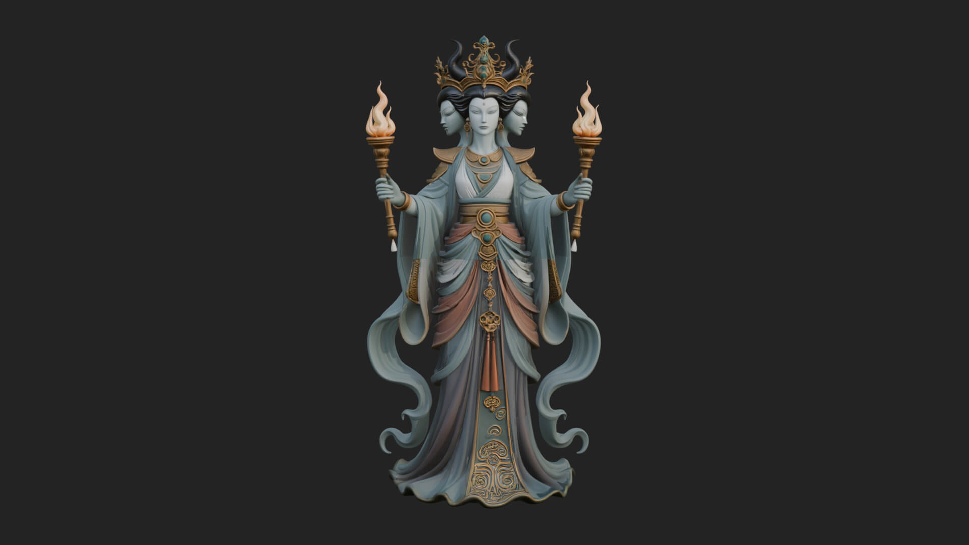Triple Faced Torch Goddess Statue Design 3 3D Print Model 3D Model