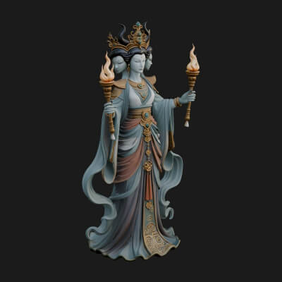 Triple Faced Torch Goddess Statue Design 3 3D Print Model