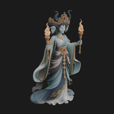 Triple Faced Torch Goddess Statue Design 4 3D Print Model
