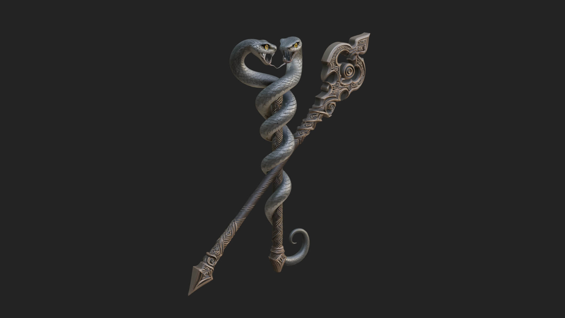 Twin Serpent Staff Pair Model Design 1 3D Print Model 3D Model