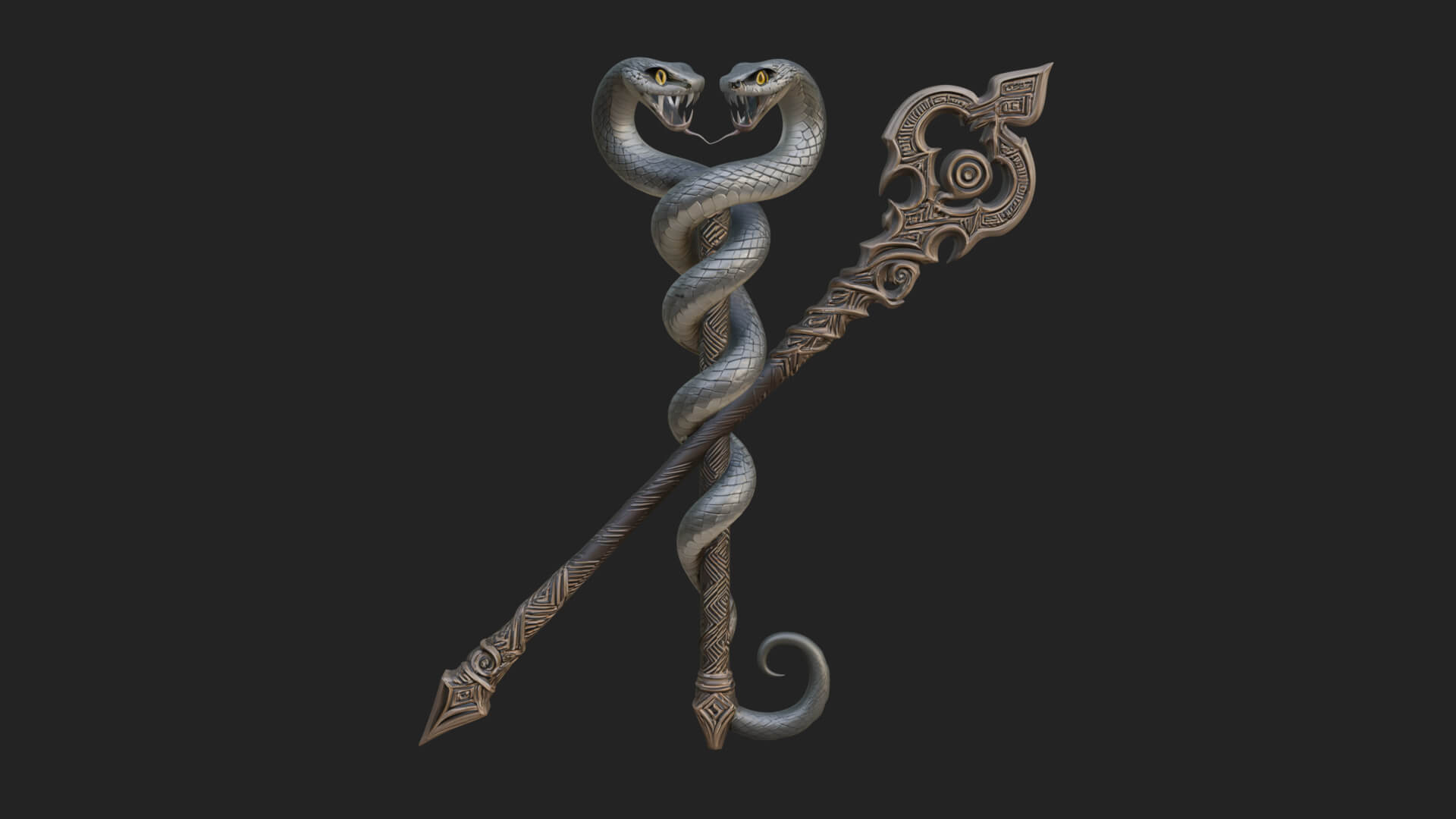 Twin Serpent Staff Pair Model Design 1 3D Print Model 3D Model