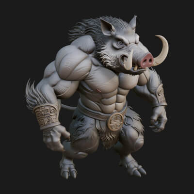 Warrior with Boar Head Statue Design 3 3D Print Model